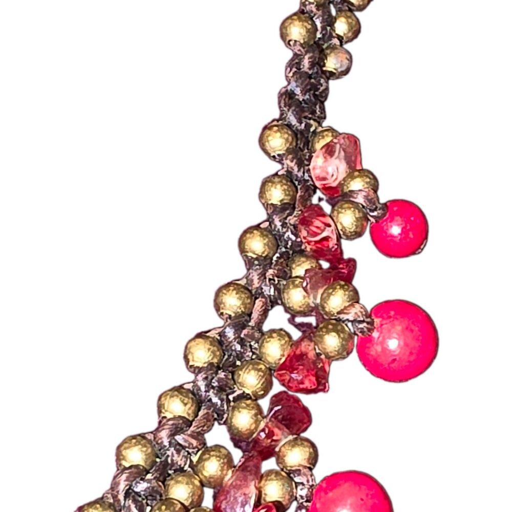 Handmade Knotted Brass Bead Bib Necklace Red Drop Beads Boho Tribal Statement - Picture 13 of 16